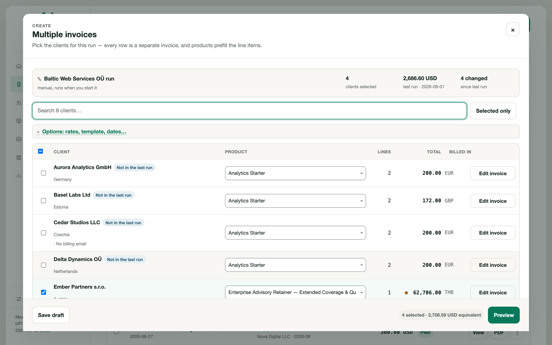 The run screen: a saved client list repeated, with four documents marked as not in the last run, in three currencies.